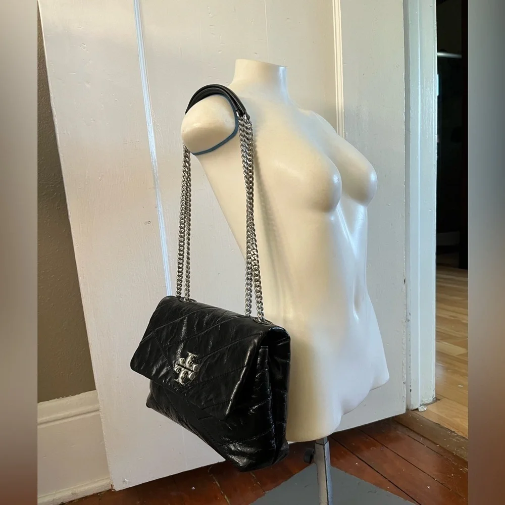 Tory Burch Kira Black Glazed Leather Crossbody Shoulder Bag Silver Hardware